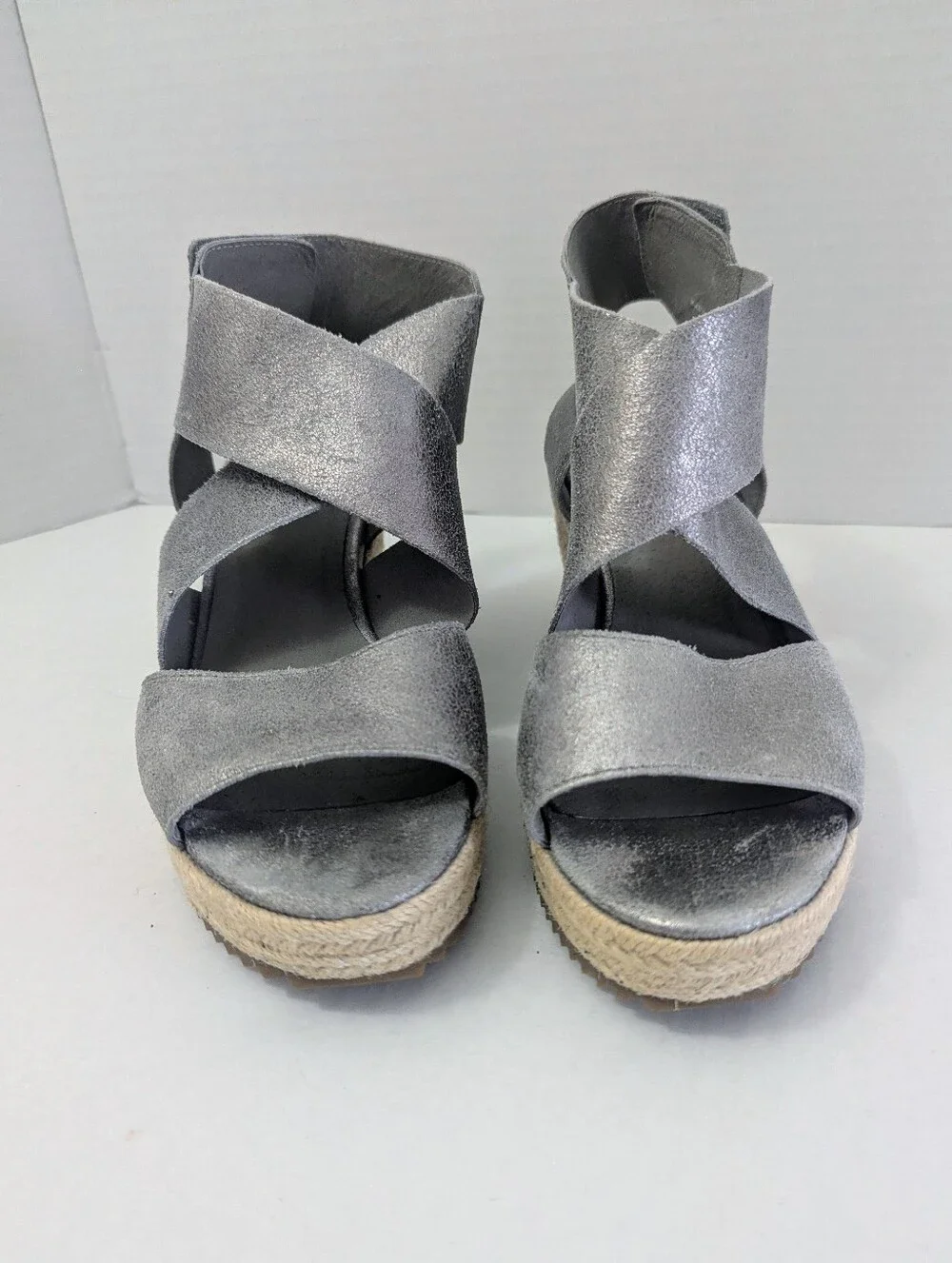 Eileen Fisher Willow Leather Metallic Gray Platform Sandal Open Toe Size 8.5 US